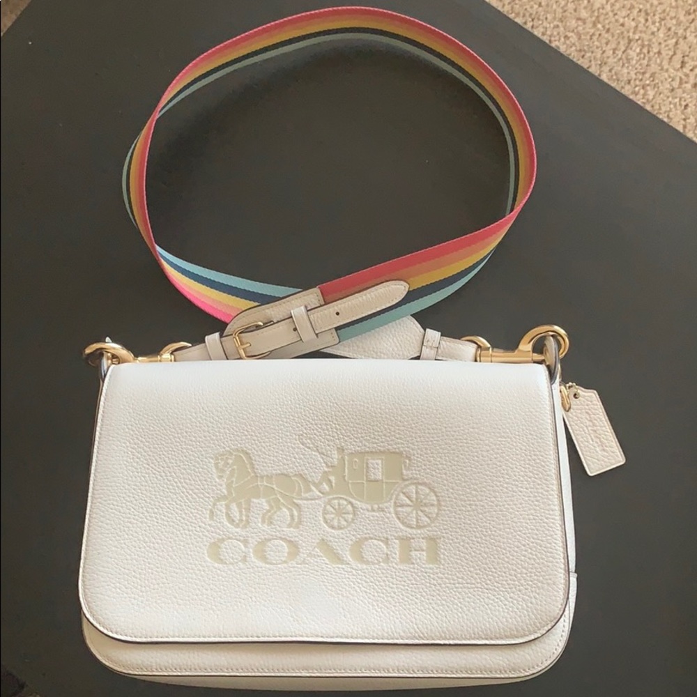 White Leather Coach bag with Rainbow Strap